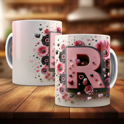 Caneca Alfabeto Floral Rosa