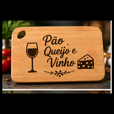 Tábua de Bambu Personalizada - Pão, Queijo e Vinho