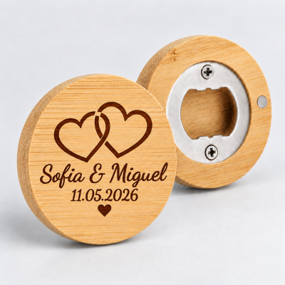 Abre-Cápsulas Magnético em Bambu Personalizado para Casamento - Corações