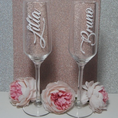 Par de Copos Flute personalizado com caixa oferta personalizada