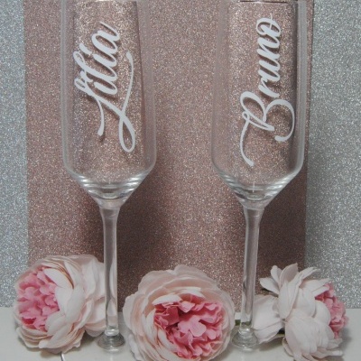 Par de Copos Flute personalizado com caixa oferta personalizada