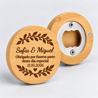 Abre-Cápsulas Magnético em Bambu Personalizado para Casamento - Folhas