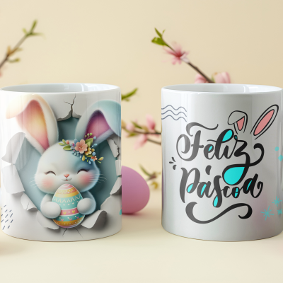 Caneca  Coelhos Páscoa Imagem 3D