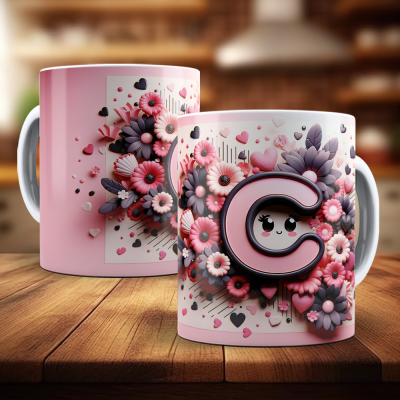Caneca Alfabeto Floral Rosa