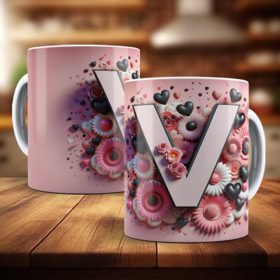 Caneca Alfabeto Floral Rosa