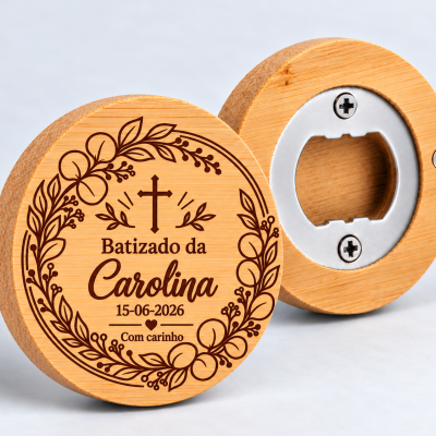 Abre-Cápsulas Magnético em Bambu para Batizado - Cruz Floral