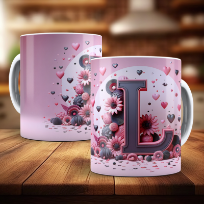 Caneca Alfabeto Floral Rosa