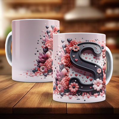 Caneca Alfabeto Floral Rosa
