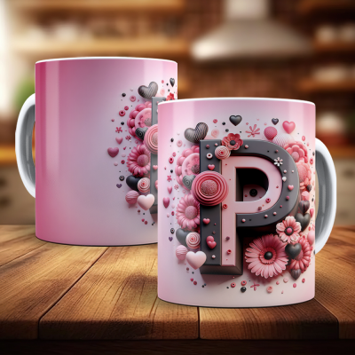 Caneca Alfabeto Floral Rosa