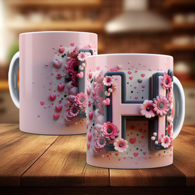 Caneca Alfabeto Floral Rosa