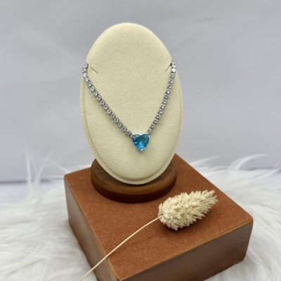 Colar Brilhantes Prateado Coração Azul