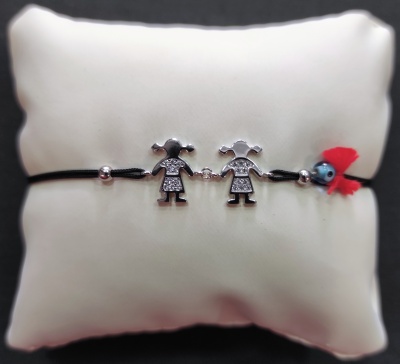 Pulseira de prata com fio macramé 2 meninas