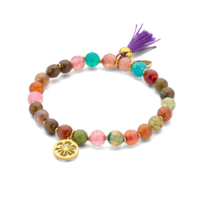 Pulseira CO88 pedras ágata multicor com pendente flor dourada e pompom