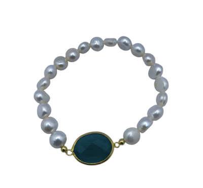 Pulseira Pérolas Água Doce e Pedra Verde