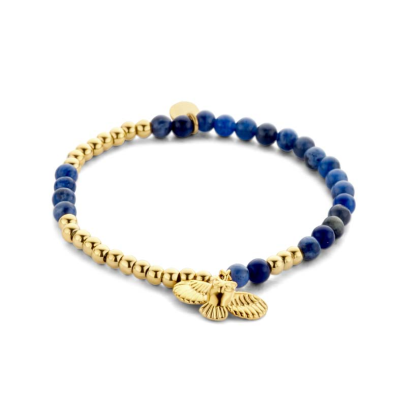 Pulseira CO88 com pedras azuis, esferas douradas em aço e pendente mocho