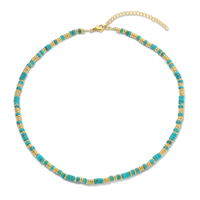 Colar CO88 aço dourado pedras turquesa 40+7
