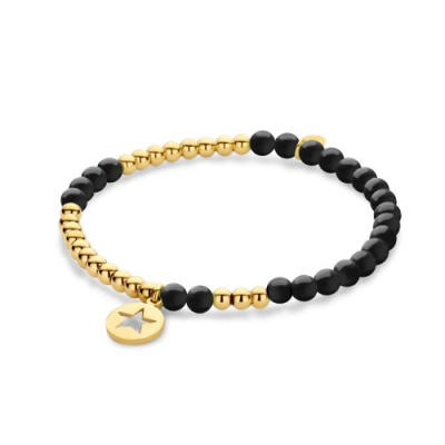 Pulseira CO88 com pedras pretas, esferas douradas em aço e pendente estrela