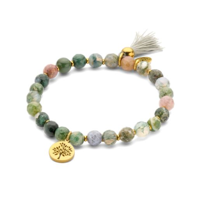Pulseira CO88 pedras ágata verde com pendente árvore da vida dourada e pompom
