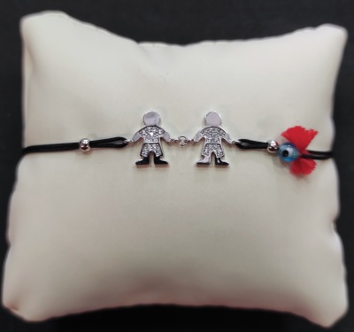 Pulseira de prata com fio macramé 2 meninos