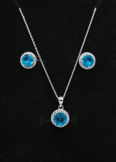 Conjuntos Colar e Brincos Prata Pedra Água Marinha