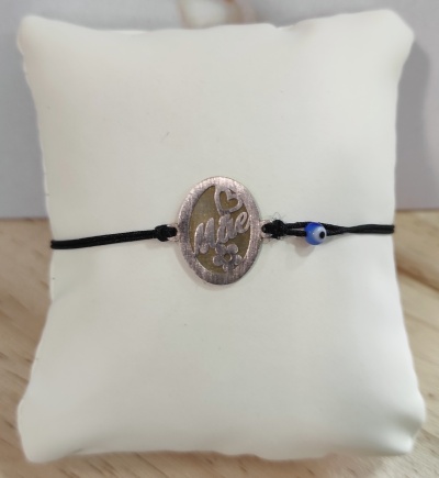 Pulseira de prata com fio algodão Mãe