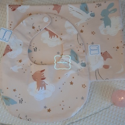 Conjunto Babete e fralda de ombro Amigos de Inverno (salmão)