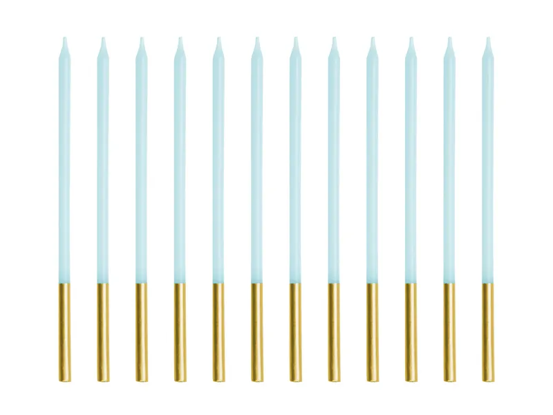 Velas altas azul pastel e dourado