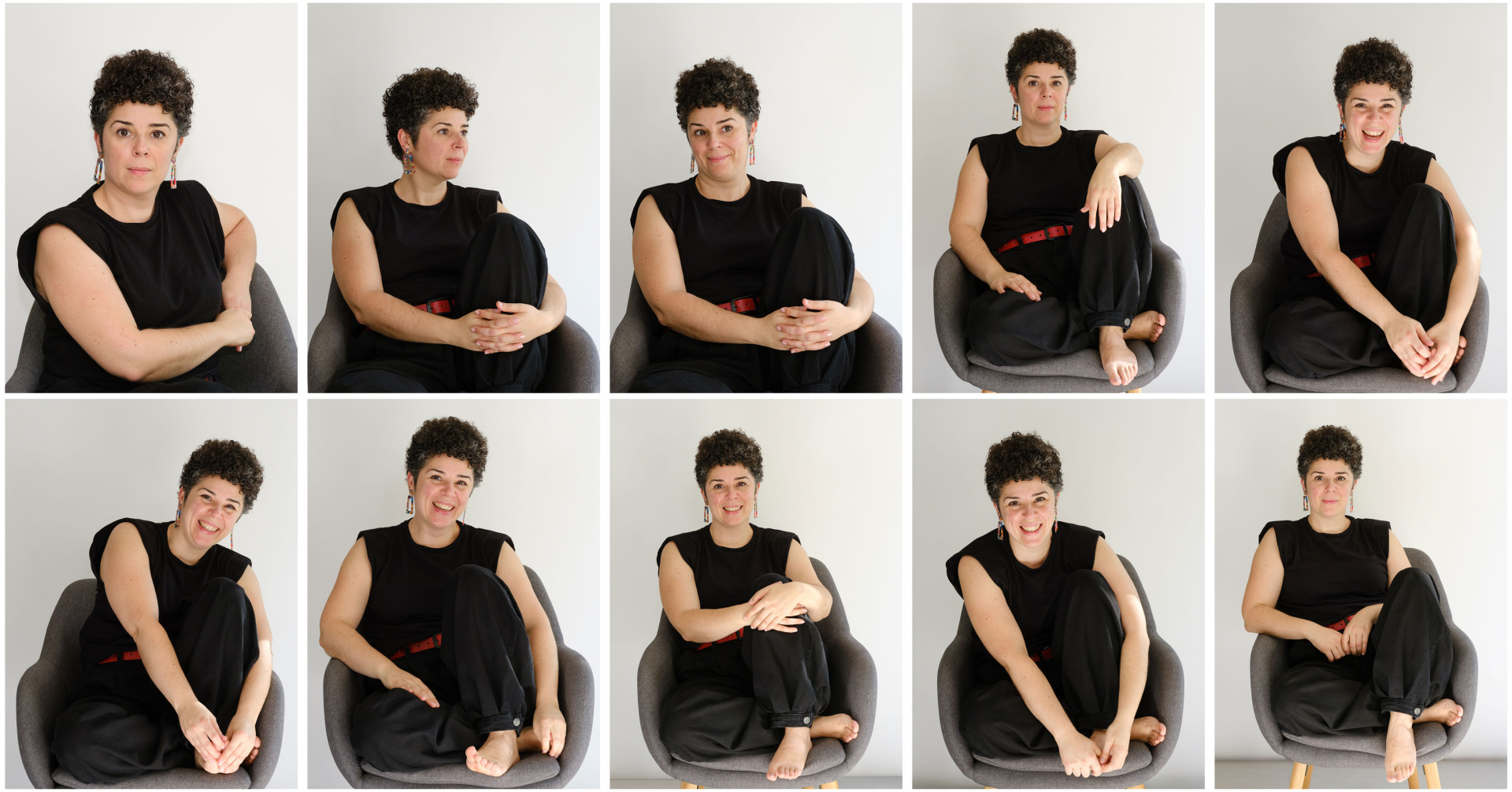 Colagem de dez retratos de Isabel Moreira, fundadora do Pontos Studio, sentada num cadeirão cinzento, com roupa preta e diferentes expressões.