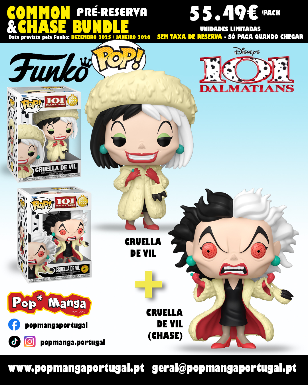 PRÉ-RESERVA - Funko POP! DISNEY "101 Dalmatians": BUNDLE Cruella De Vil + CHASE PRÉ-RESERVA - Funko POP! DISNEY "101 Dalmatians": BUNDLE Cruella De Vil + CHASE