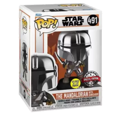 PRÉ-RESERVA -  Funko POP! "Star Wars" : The Mandalorian with Dark Saber GITD (Exclusive)