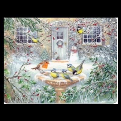 Individual com passarinhos e motivos de Natal.