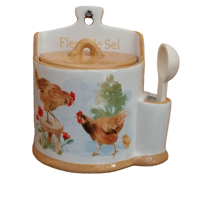 Saleiro em cerâmica decorado com galinhas.