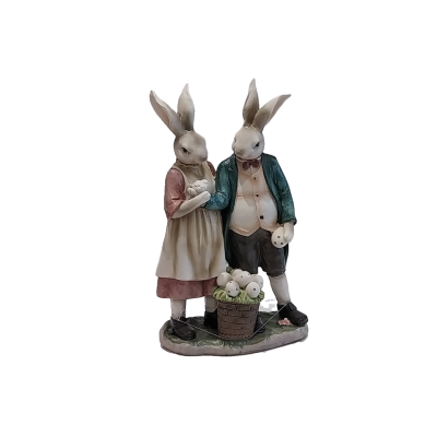 Casal de coelhos com cesta de ovos de Páscoa.