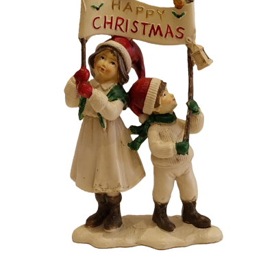 Menina e menino com placa "Happy Christmas".