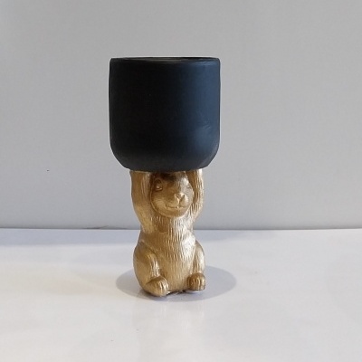 Coelho dourado a segurar um vasinho.