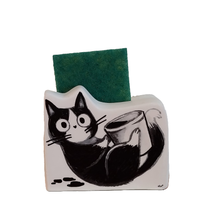 Suporte para esponja de cozinha - gato preto e branco.