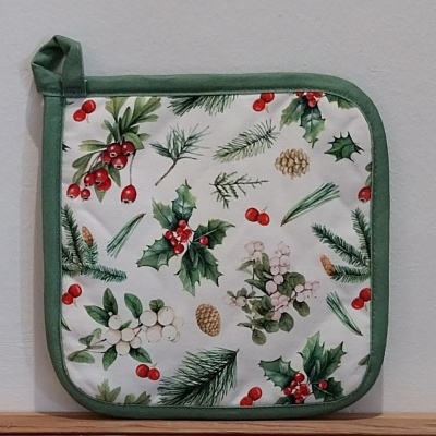 Pega de cozinha com azevinho e outros motivos de Natal.