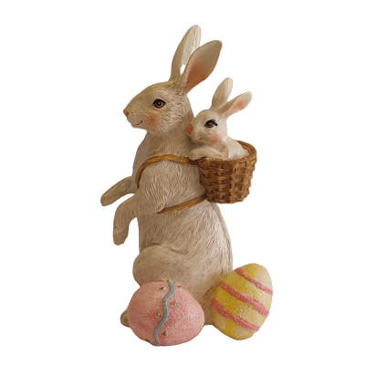 Coelho com coelhinho e ovos de Páscoa.