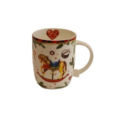 Caneca com cavalo de baloiço e outros motivos de Natal.