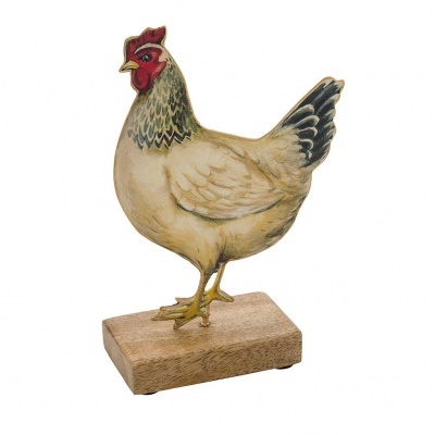 Galinha em metal com base de madeira.