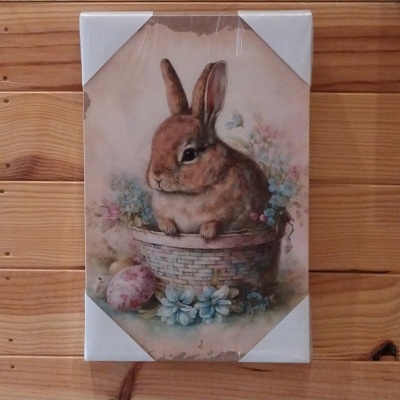 Quadro com um coelho e flores  e ovos de páscoa - impressão em tela.