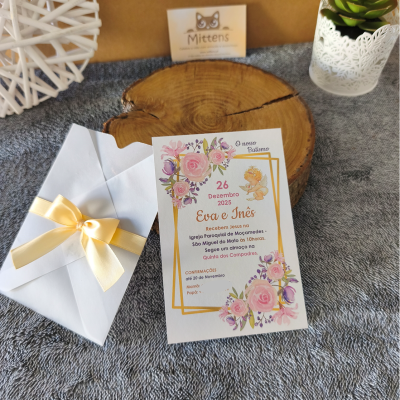 Convite de batismo floral  com envelope transparente