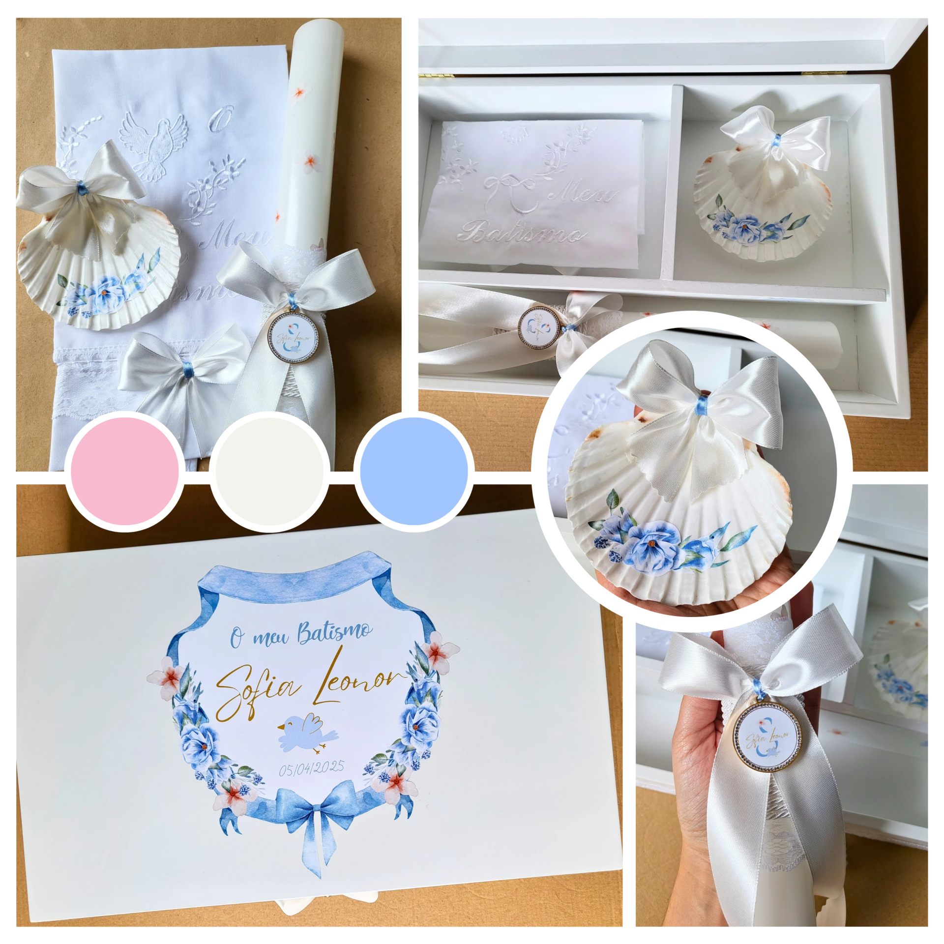 Conjunto de Batismo em tons de rosa, azul e branco