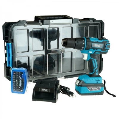 Conjunto de ferramentas DEDRA SAS+ALL, furadeira/parafusadeira DED7042, bateria DED7034 4Ah, carregador DED7038, conjunto de bits 18A11S032, caixa de esponja N0303G01