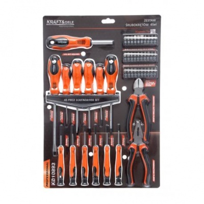 Conjunto de chaves de fenda, alicate e bits 45 unid. . KD10893