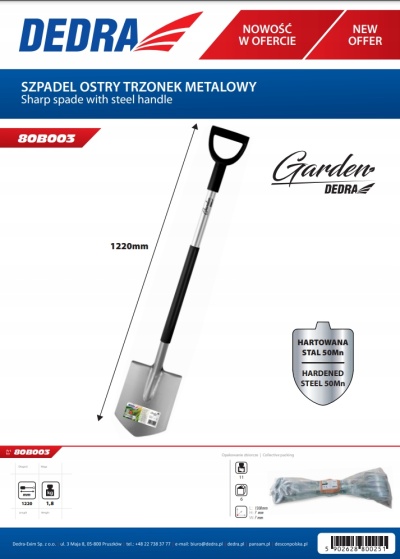 Pá cabo de metal afiado D cabo de plástico 122cm, 80B003