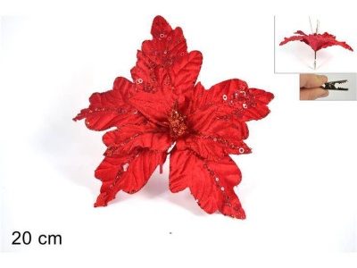 Flor de Natal vermelha com brilhos vermelhos e pinça (20cm)