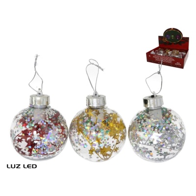Bola de pendurar com enfeites brilhantes e luzes