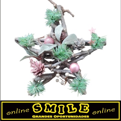 Estrela tipo coroa em madeira com bolas cor de rosa