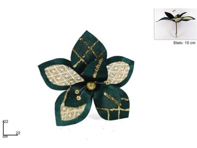 Flor decorativa verde com brilhos dourados c/ pinça (22cm)